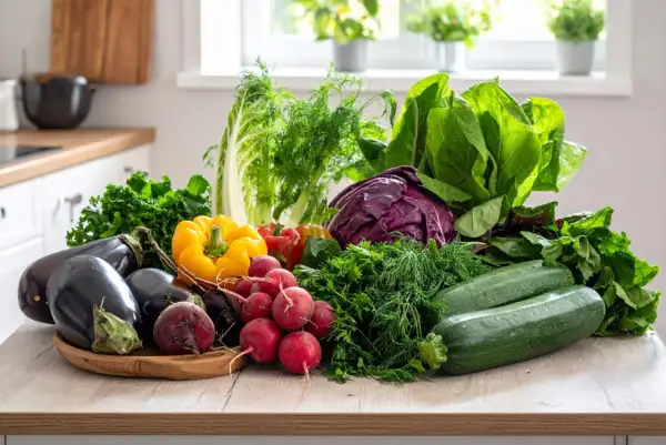 Un assortimento colorato di verdure fresche, tra cui melanzane, peperoni, ravanelli, zucchine e verdure a foglia verde, perfette per creare piatti leggeri e gustosi, le verdure che non gonfiano.