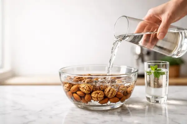 Acqua versata su noci e mandorle in una ciotola. Preparazione per un frullato che non gonfia la pancia, con un bicchiere d'acqua e menta accanto.