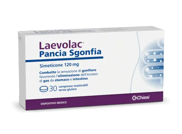 Laevolac Pancia Sgonfia, con simeticone, è un rimedio per il mal di pancia e il gonfiore, che aiuta a eliminare il gas.