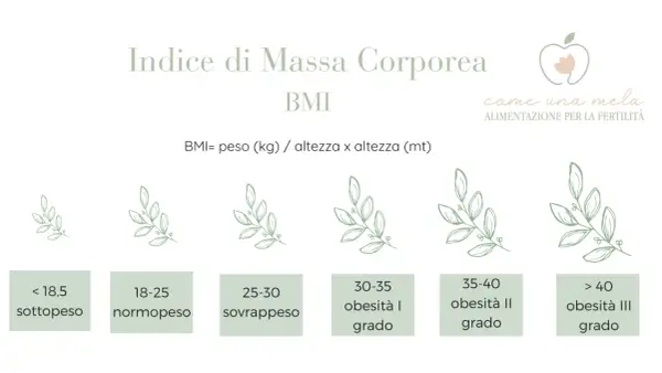 Indice di Massa Corporea (BMI) con categorie: sottopeso, normopeso (peso forma), sovrappeso e vari gradi di obesità.