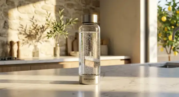 Borraccia in vetro con acqua alcalina frizzante, su un piano cucina in marmo, con un albero di limoni sullo sfondo.