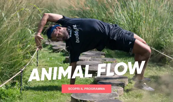 Uomo in posizione di animal flow, con il corpo arcuato e una mano a terra, immerso nella natura.