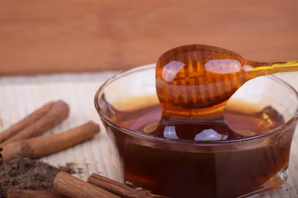 Miele di castagno ambrato, con bastoncini di cannella e polvere scura. Un cucchiaio raccoglie il miele, suggerendo benefici per l'intestino.