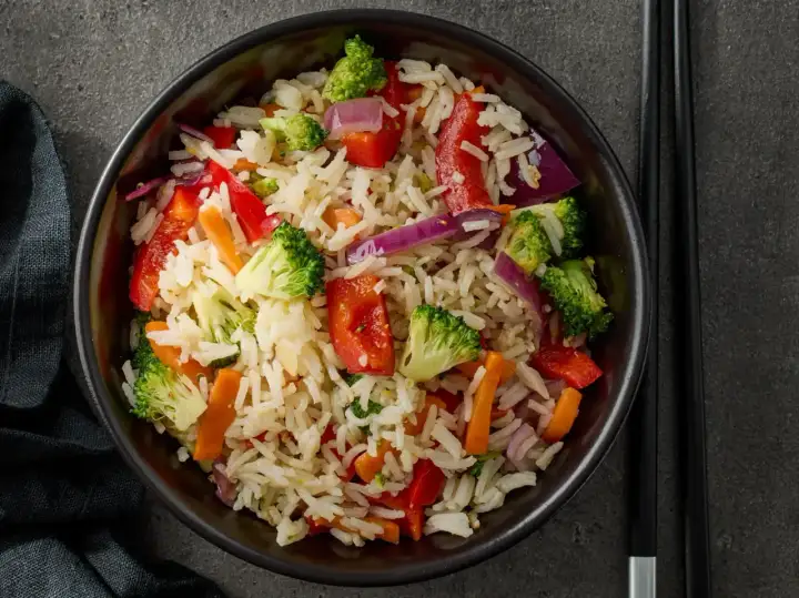 Un piatto colorato di riso con legumi e verdure miste: broccoli, peperoni rossi, carote e cipolla viola.